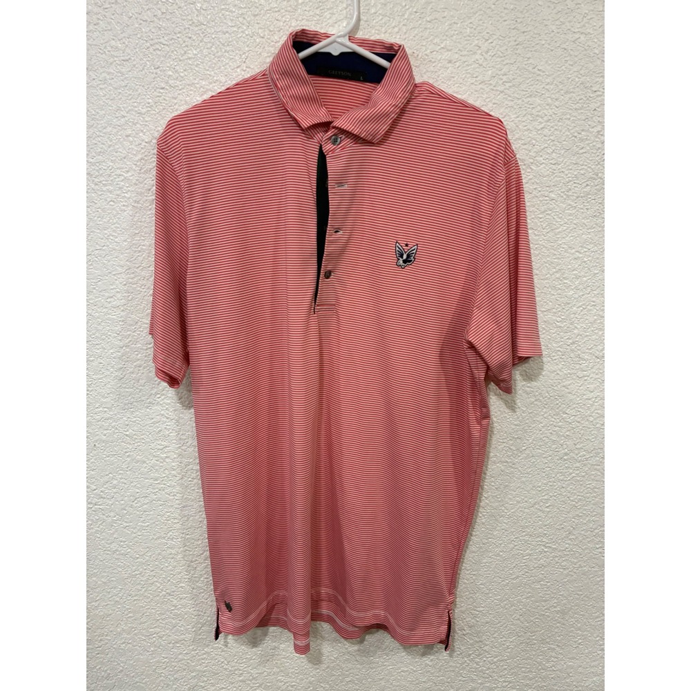 Greyson Men Red White Striped Golf Polo Shirt Eagle Wolf Logo Large
